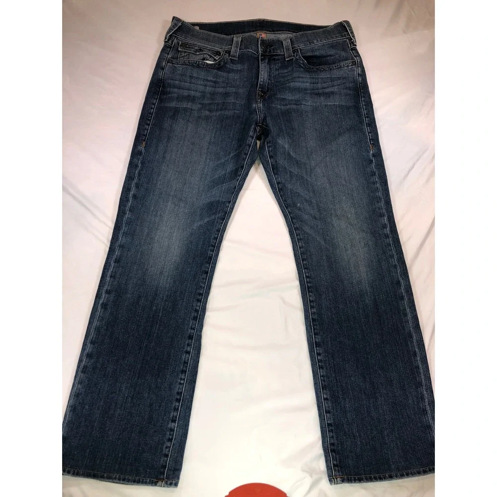 True Religion Ricky Relaxed Straight Leg Jeans Mens 34 Dark Wash Blue Denim USA